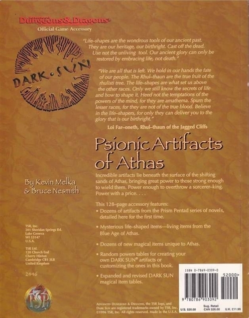 Advanced Dungeons & Dragons 2nd Edition - Dark Sun - Psionic Artifacts of Athas -  Rollespilsbog (B-Grade) (Genbrug)